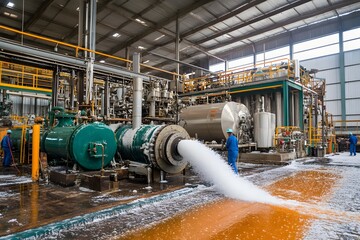 Workers refining sugar in processing plant
