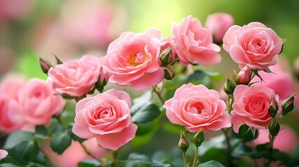 Obraz premium Romantic Pink Roses in Full Bloom Amidst Lush Green Foliage : Generative AI