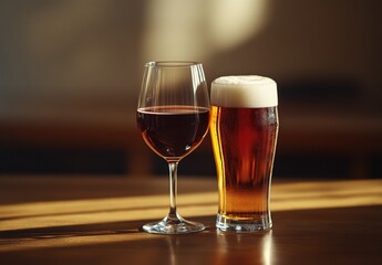 Elegant glass of red wine next to a cold pint of beer on a wooden table with soft sunlight creating a warm and inviting atmosphere for relaxation