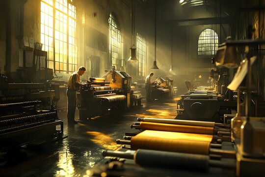 Workers operating textile looms in mill