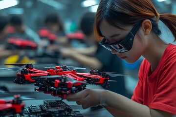 Workers in factory assembling drones