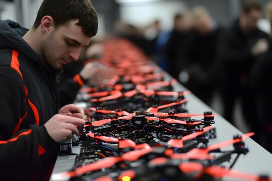 Workers in factory assembling drones