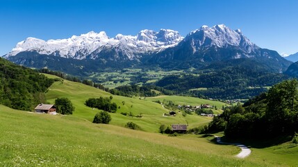 Fototapeta premium Panoramic View of Bavarian Village Surrounded by Stunning Alpine Mountains : Generative AI