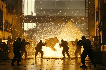 Diverse team forging steel in foundry