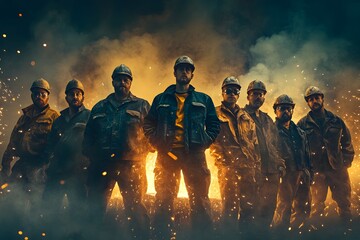 Diverse team forging steel in foundry