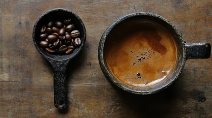 Dark roasted coffee beans in a small spoon next to a full espresso cup on a rustic wooden table.