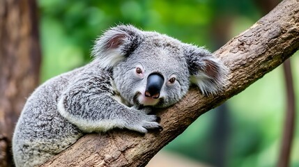 Fototapeta premium Relaxed Koala Resting on Tree Branch in Lush Green Australian Forest : Generative AI