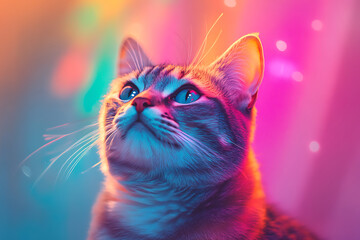A colorful, close-up portrait of a curious cat with vibrant lighting.
