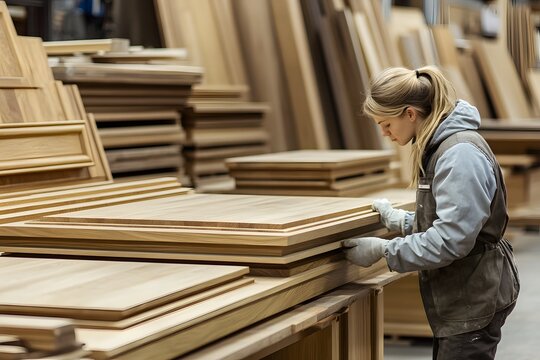 Female furniture assembler in factory
