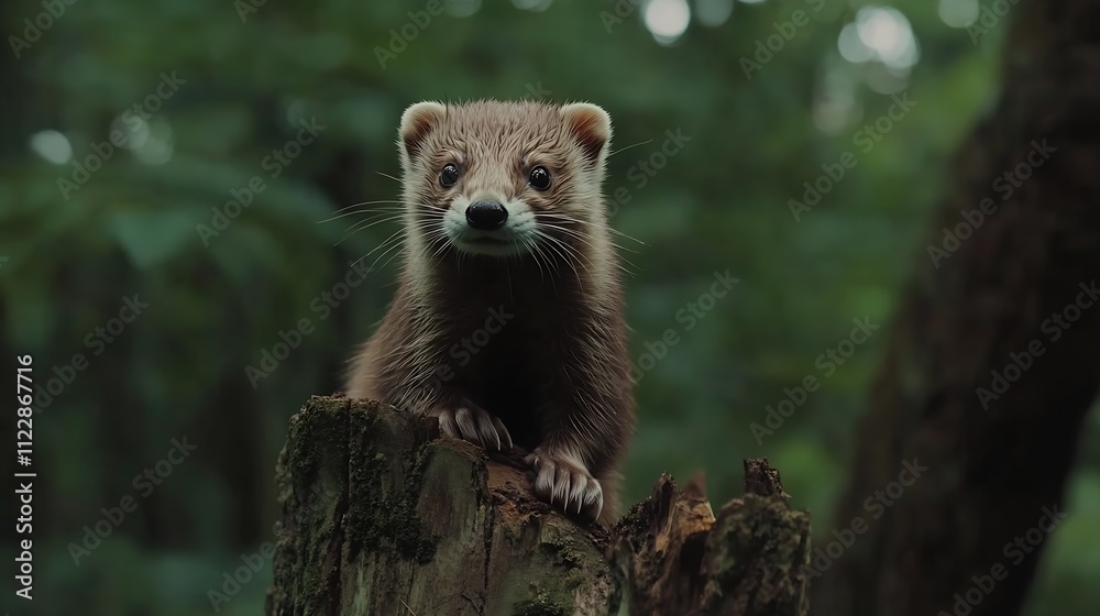 Aufkleber adorable ferret perched on tree looking at camera in dense forest : generative ai