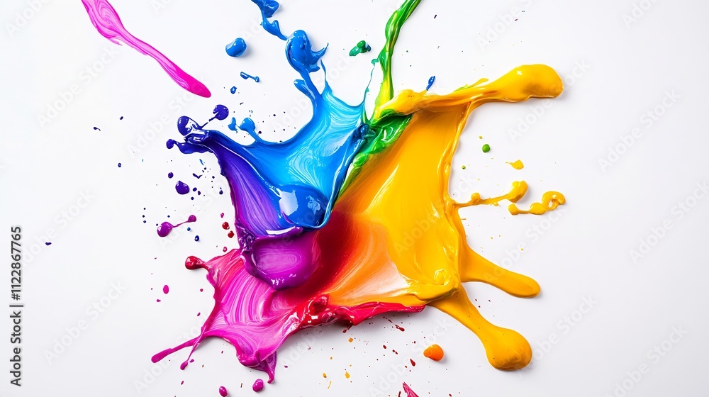 Poster Colorful Paint Splash on White Surface Capturing Dynamic Artistic Expression : Generative AI