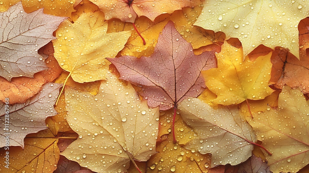 Poster autumn leaves with raindrops creating a colorful seasonal tapestry : generative ai