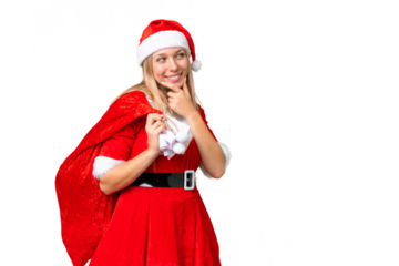 Young blonde woman with christmas hat over isolated chroma key background thinking an idea and looking side