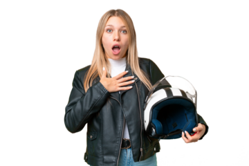 Young pretty blonde woman with a motorcycle helmet over isolated chroma key background surprised and shocked while looking right