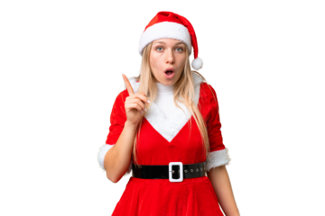 Young blonde woman with christmas hat over isolated chroma key background intending to realizes the solution while lifting a finger up