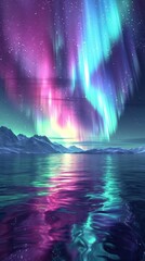 Fototapeta premium Breathtaking image of the Aurora Borealis or northern lights dancing across the night sky and reflecting in the still waters of a mountain lake creating a mesmerizing and ethereal landscape