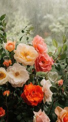 Beautiful and Delicate Roses with Raindrops on Glass Background