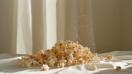 A pile of popcorn is scattered on a white fabric background, suggesting a relaxed, cozy movie time environment.