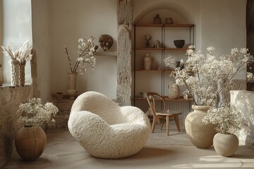 Japandi minimalist interior design  modern living room and elegant dining area with blue table