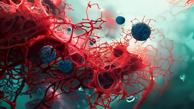 A close up of red and blue cells with a blue background. The red cells are clustered together and appear to be in a state of disarray