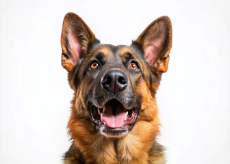 Cute Funny German Shepherd Anticipating a Treat with Open Mouth on White Background, Ideal for Text Overlay and Pet-Themed Content