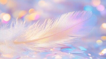 Fototapeta premium Delicate feather in pastel colors, soft bokeh background.