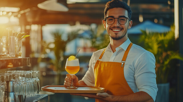 Portrait of a waiter serving drink to customers in restaurant