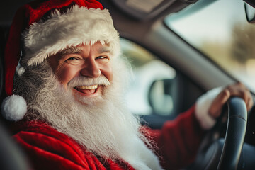 Santa Claus in Christmas holidays inside a car