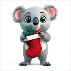 Obraz premium Cute cartoon 3d illustration of a festive koala hugging a Christmas stocking with big shiny eyes, isolated white background
