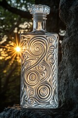 A decorative glass bottle with swirling patterns, illuminated by sunset rays.