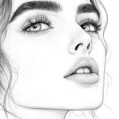 Obraz premium Penciled Portrait of a Woman Gazing Upward, Line Art Illustration