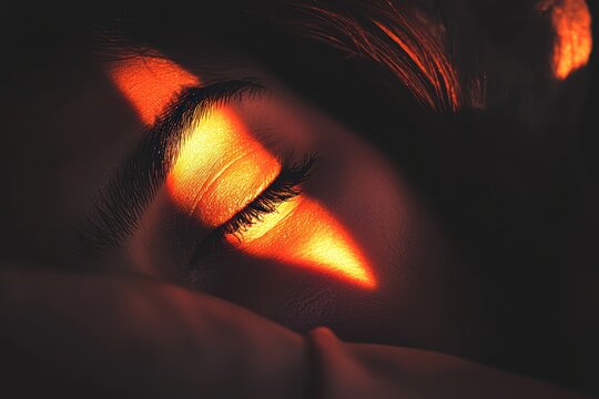 Soft Light on Closed Eye of Sleeping Woman with Warm Color Tones