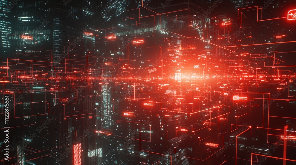 Poster Network security breach risks in urban environment digital art visualization cybersecurity challenges futuristic perspective