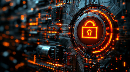 Earth globe with a digital padlock symbolizing global cybersecurity and data protection over a glowing circuit board background representing secure technology and information connectivity