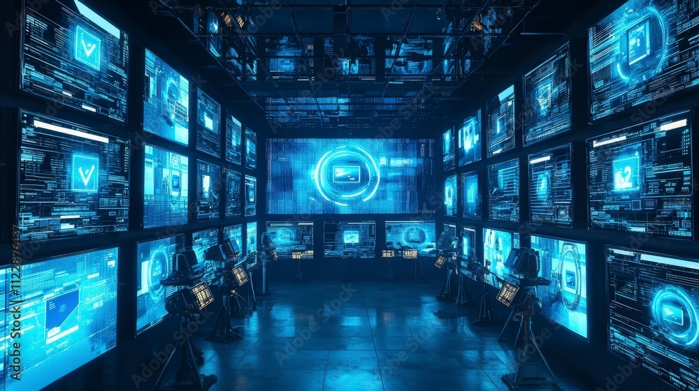 Poster Monitoring security risks through data surveillance in a high-tech control room digital environment futuristic viewpoint