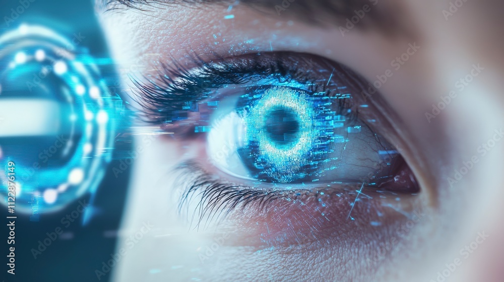 Poster innovative eye scanning technology enhancing security measures in urban environments futuristic conc