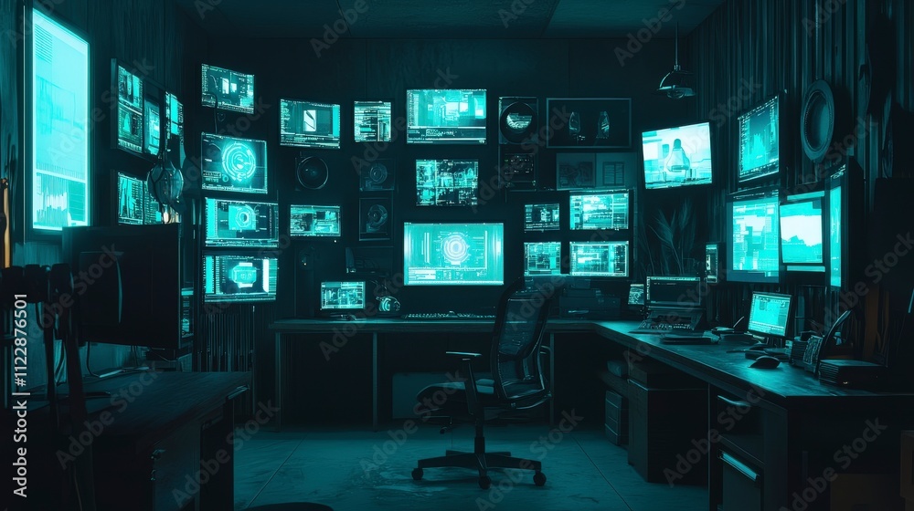 Poster Cybersecurity monitoring control room digital workspace high-tech environment interior view data protection strategy