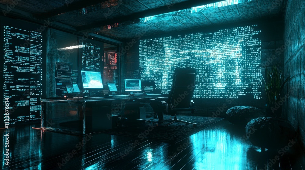 Poster Futuristic office cybersecurity understanding hacking threats and security risks in a high-tech digital workspace