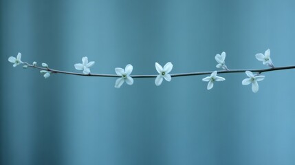 Delicate spring blossoms on a branch against a soft teal background.