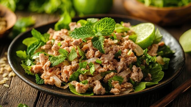 Fresh Mint and Lime Meat Salad on Rustic Wooden Table