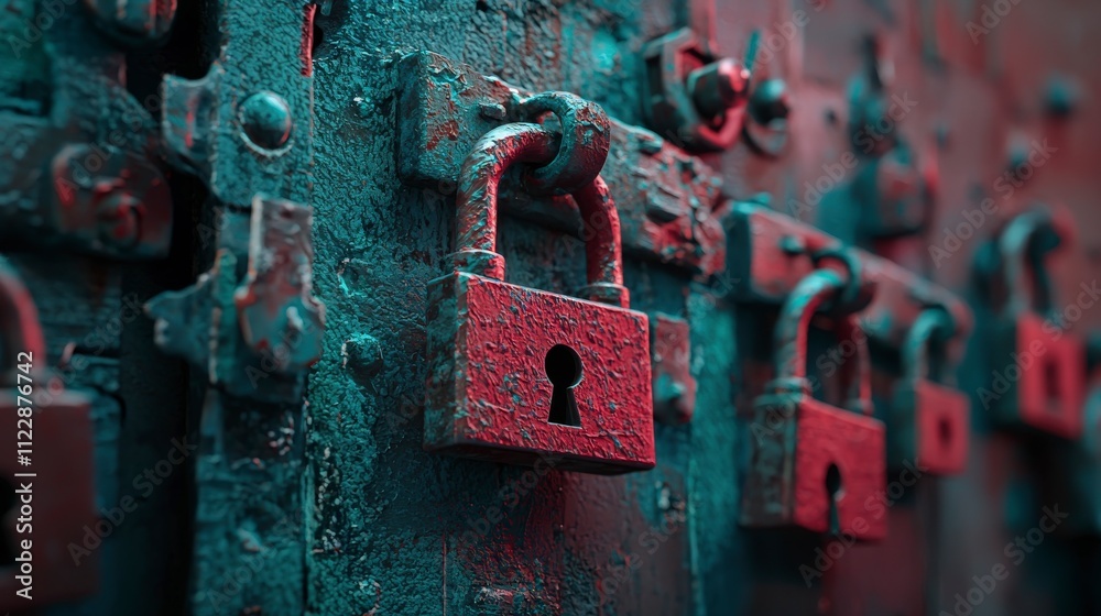 Poster security risks and vulnerabilities industrial area photographic image urban environment close-up vie