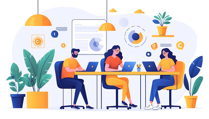 Fototapeta premium Working online team doing some creative job vector , illustration, remote virtual working freelancers or a part of coworking team.