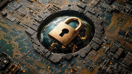 Earth globe with a digital padlock symbolizing global cybersecurity and data protection over a glowing circuit board background representing secure technology and information connectivity