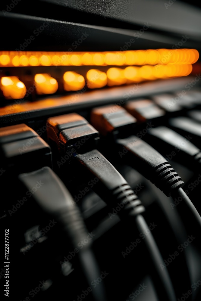 Poster Close-Up of Network Cables with Illuminated Ethernet Switch Background
