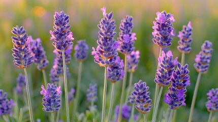 Obraz premium Lavender field in the golden hour. Lush, vibrant purple lavender flowers in a field.
