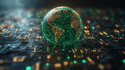 Earth globe with a digital padlock symbolizing global cybersecurity and data protection over a glowing circuit board background representing secure technology and information connectivity