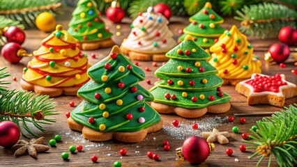 Delightful Christmas Tree Cookies Decorated with Icing and Sprinkles on a Festive Table Setting, Perfect for Holiday Treats and Winter Celebrations