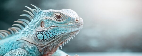 Obraz premium Turquoise blue iguana head close-up portrait showing detailed scales and spikes. Exotic reptile macro photography with soft bokeh background and dramatic lighting. 8k banner backdrop