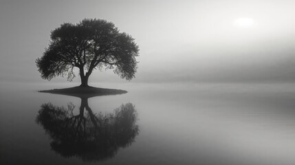 Obraz premium Lone tree silhouette reflected in still water at dawn, minimalist black and white landscape. Misty atmospheric scene with perfect mirror reflection creating symmetry. 8k desktop wallpaper
