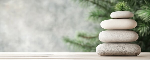Obraz premium Zen stones balanced stack with pine needles, spa wellness concept. Natural gray meditation stones on wooden surface. Mindfulness and balance theme. Banner format. 8k banner with copy space